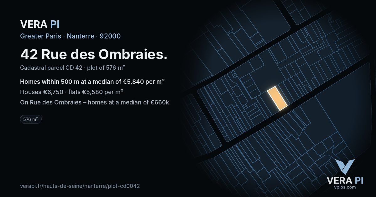 42 Rue des Ombraies, Nanterre at night – the plot lit, the parcels around coloured by the prices near them