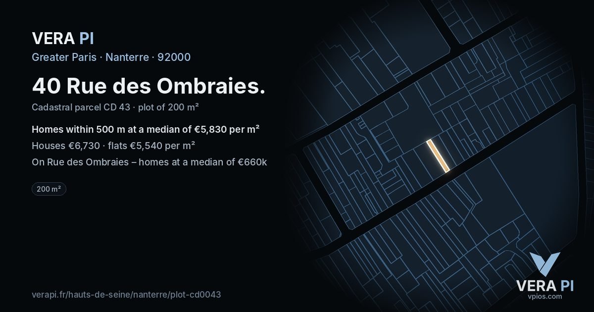 40 Rue des Ombraies, Nanterre at night – the plot lit, the parcels around coloured by the prices near them