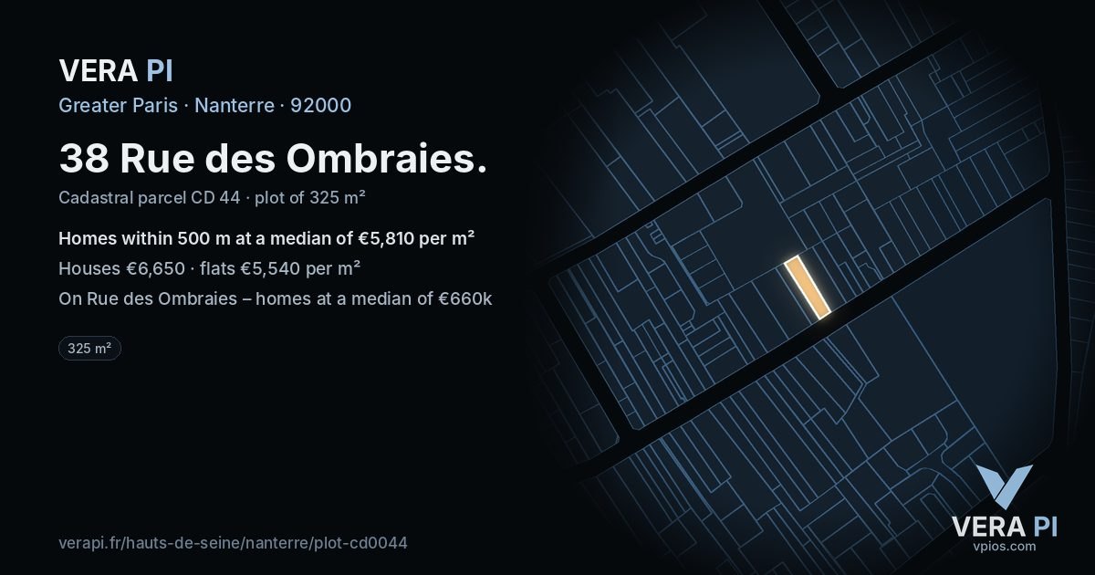 38 Rue des Ombraies, Nanterre at night – the plot lit, the parcels around coloured by the prices near them