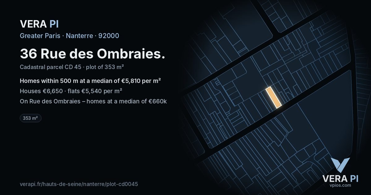 36 Rue des Ombraies, Nanterre at night – the plot lit, the parcels around coloured by the prices near them