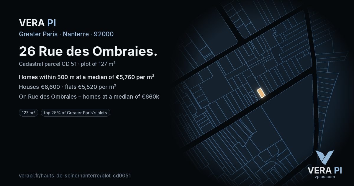 26 Rue des Ombraies, Nanterre at night – the plot lit, the parcels around coloured by the prices near them