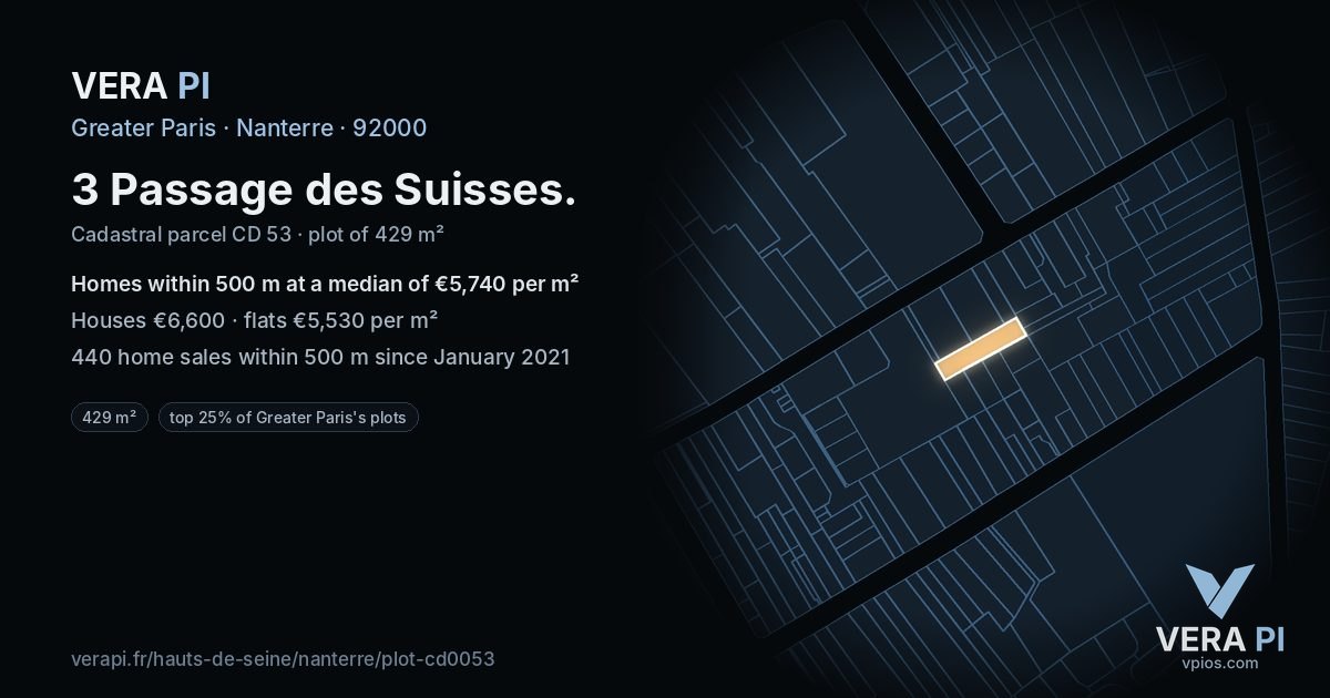 3 Passage des Suisses, Nanterre at night – the plot lit, the parcels around coloured by the prices near them