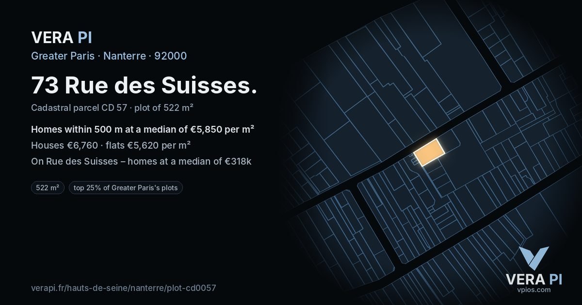 73 Rue des Suisses, Nanterre at night – the plot lit, the parcels around coloured by the prices near them