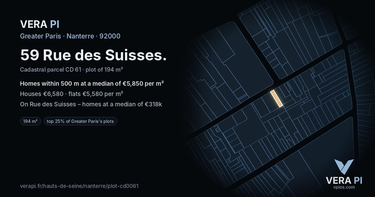 59 Rue des Suisses, Nanterre at night – the plot lit, the parcels around coloured by the prices near them