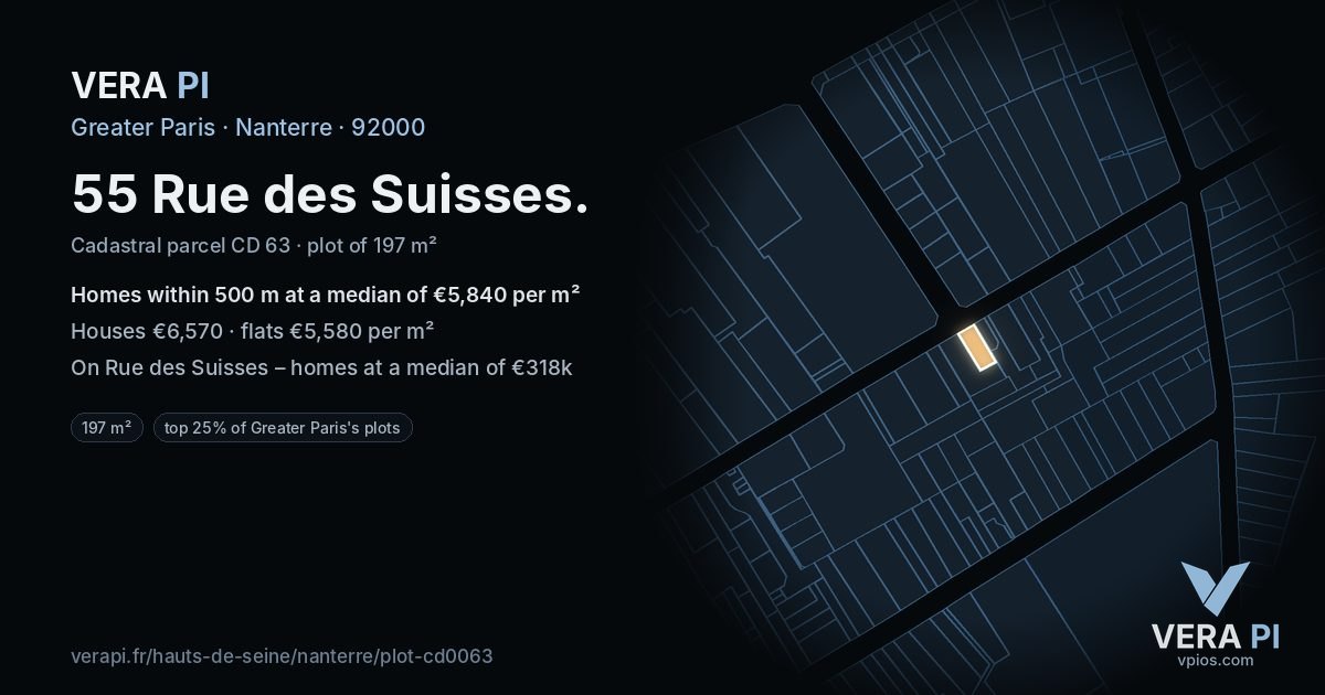 55 Rue des Suisses, Nanterre at night – the plot lit, the parcels around coloured by the prices near them