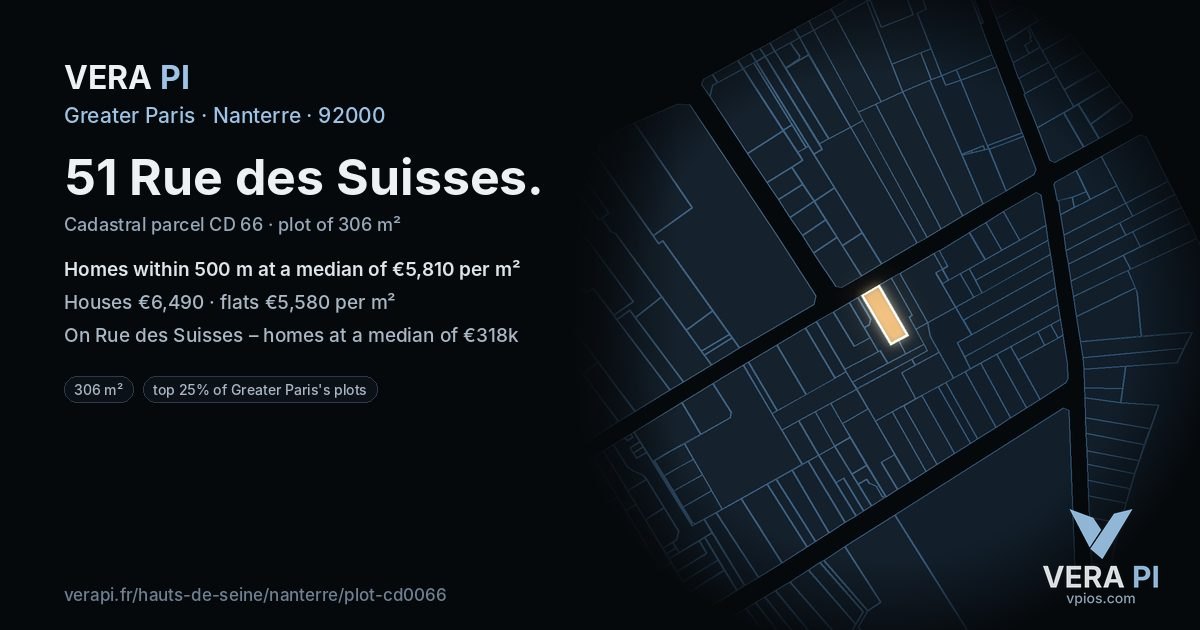 51 Rue des Suisses, Nanterre at night – the plot lit, the parcels around coloured by the prices near them
