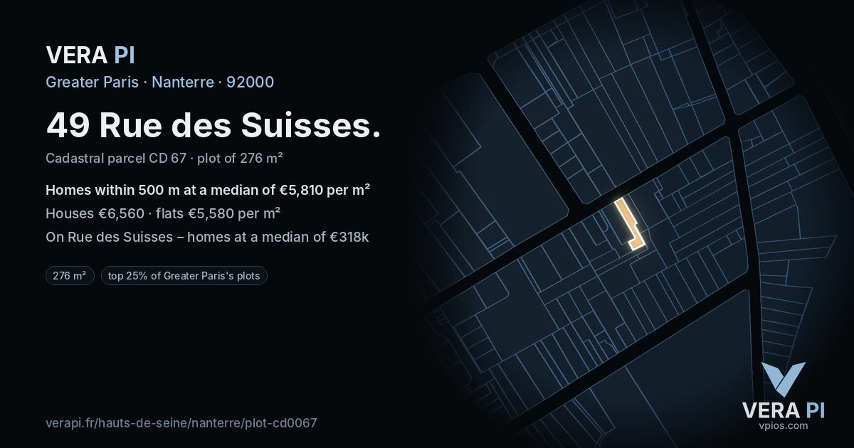 49 Rue des Suisses, Nanterre at night – the plot lit, the parcels around coloured by the prices near them