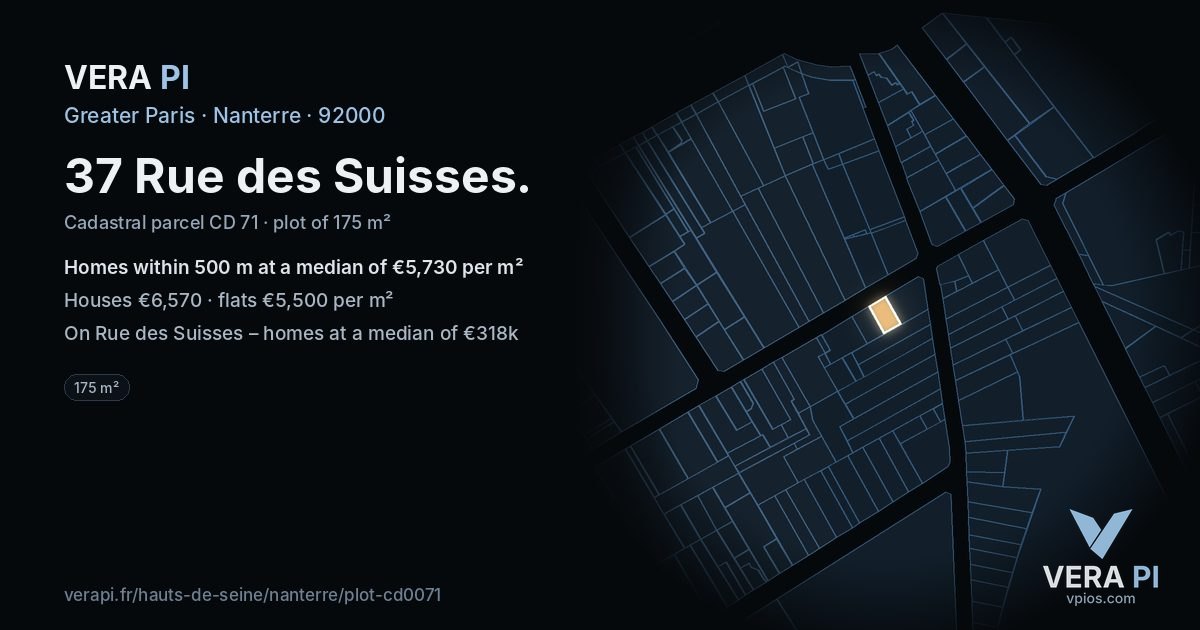37 Rue des Suisses, Nanterre at night – the plot lit, the parcels around coloured by the prices near them