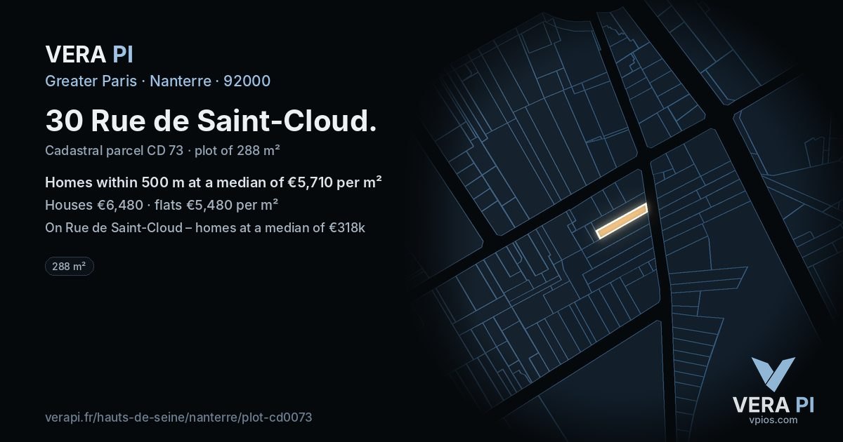 30 Rue de Saint-Cloud, Nanterre at night – the plot lit, the parcels around coloured by the prices near them
