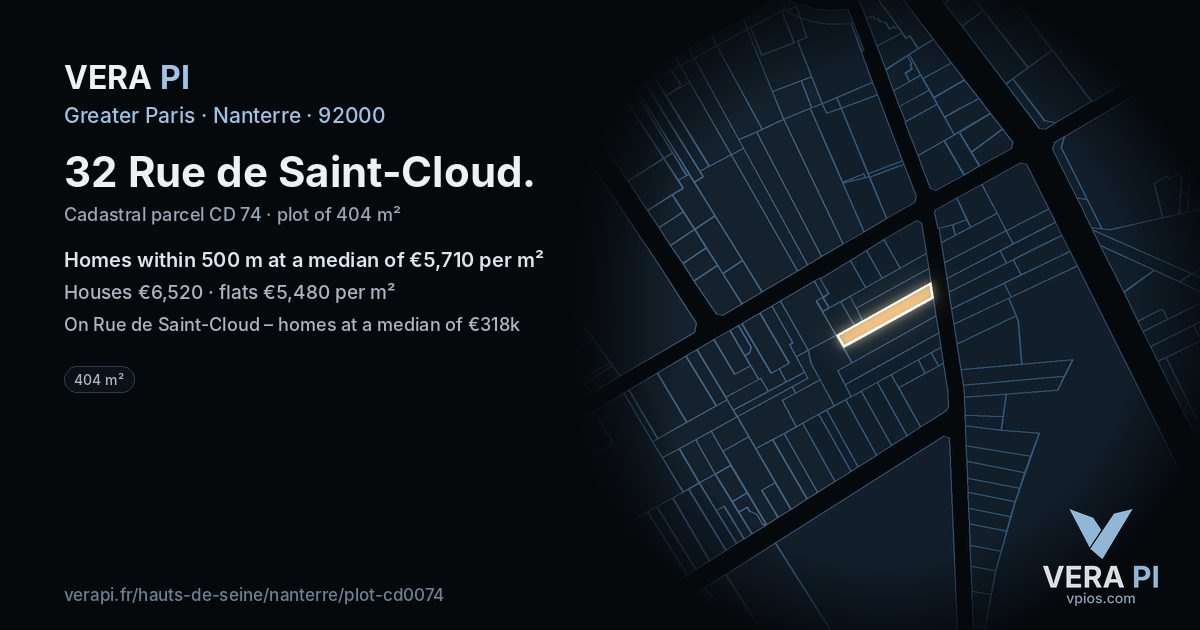 32 Rue de Saint-Cloud, Nanterre at night – the plot lit, the parcels around coloured by the prices near them