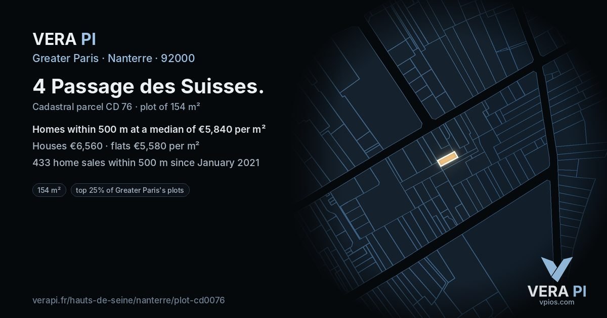 4 Passage des Suisses, Nanterre at night – the plot lit, the parcels around coloured by the prices near them
