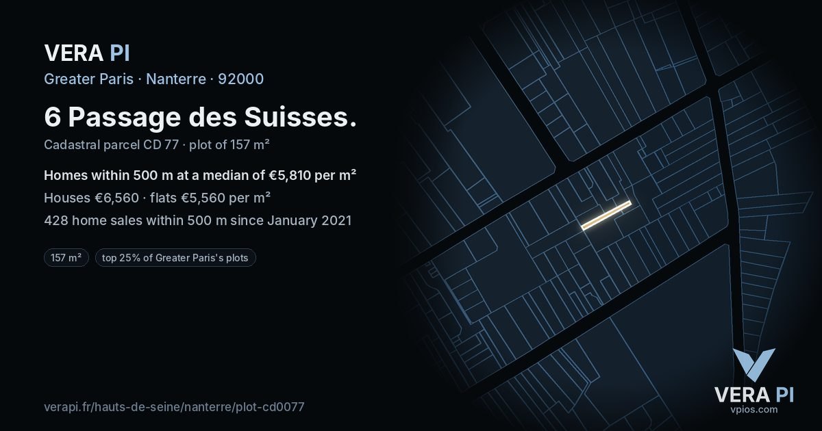 6 Passage des Suisses, Nanterre at night – the plot lit, the parcels around coloured by the prices near them