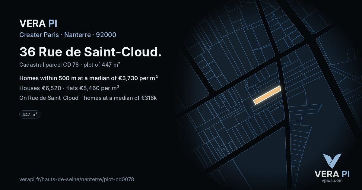 36 Rue de Saint-Cloud, Nanterre at night – the plot lit, the parcels around coloured by the prices near them