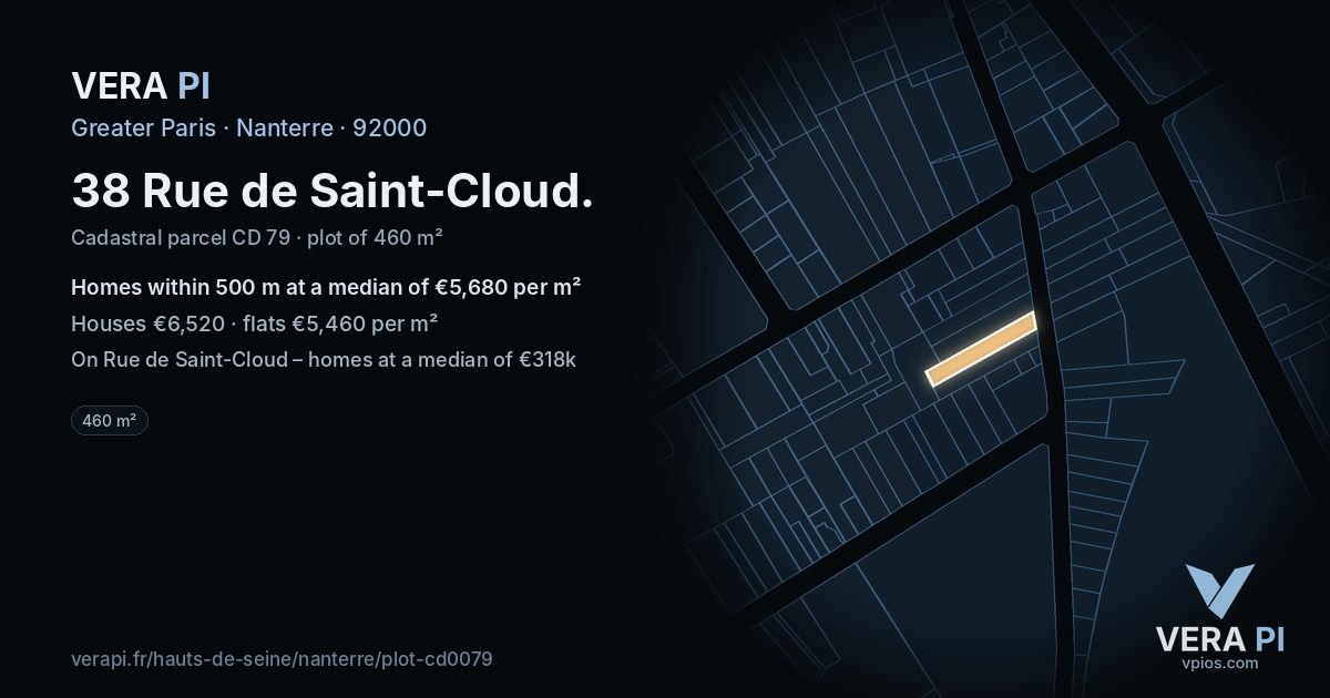 38 Rue de Saint-Cloud, Nanterre at night – the plot lit, the parcels around coloured by the prices near them