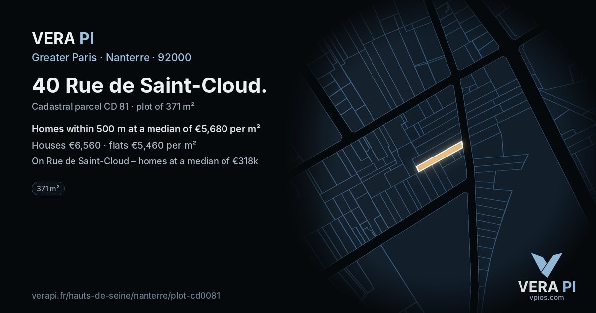 40 Rue de Saint-Cloud, Nanterre at night – the plot lit, the parcels around coloured by the prices near them