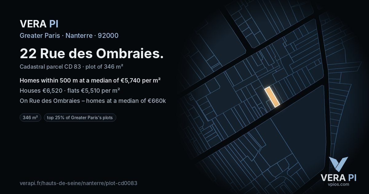 22 Rue des Ombraies, Nanterre at night – the plot lit, the parcels around coloured by the prices near them