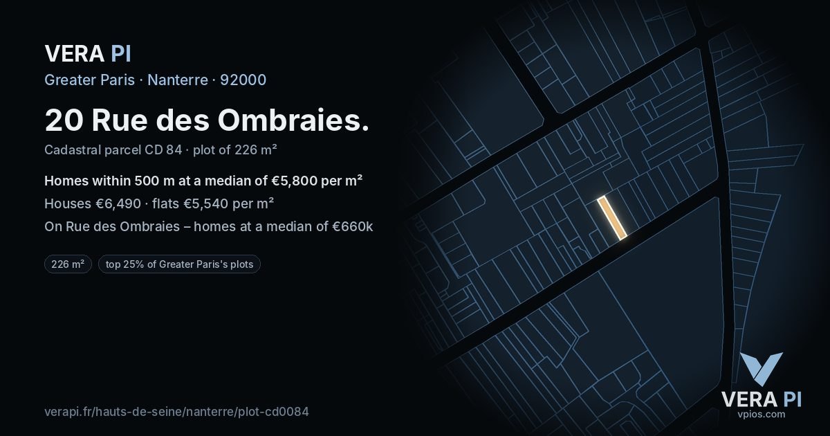 20 Rue des Ombraies, Nanterre at night – the plot lit, the parcels around coloured by the prices near them