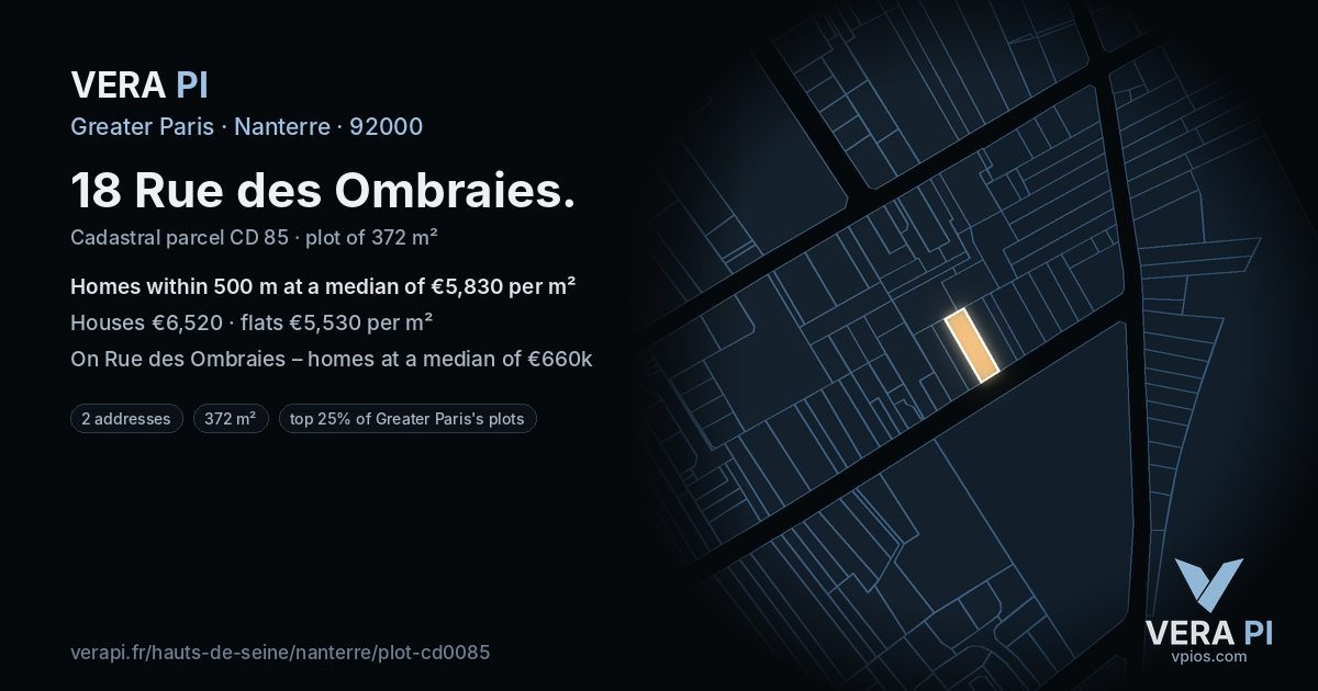 18 Rue des Ombraies, Nanterre at night – the plot lit, the parcels around coloured by the prices near them