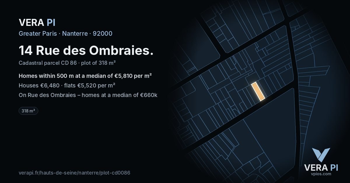 14 Rue des Ombraies, Nanterre at night – the plot lit, the parcels around coloured by the prices near them