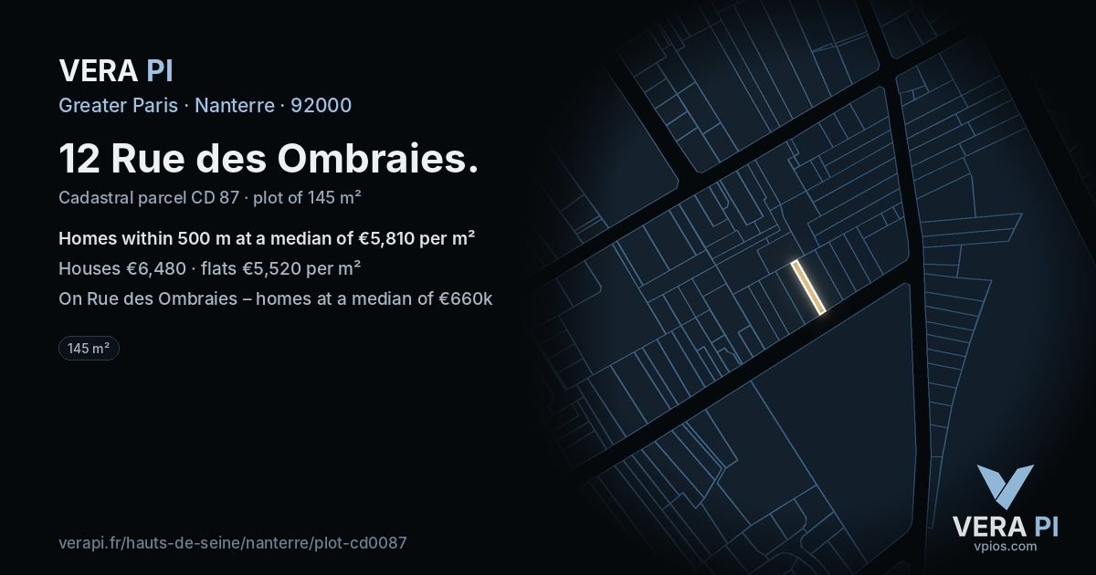 12 Rue des Ombraies, Nanterre at night – the plot lit, the parcels around coloured by the prices near them