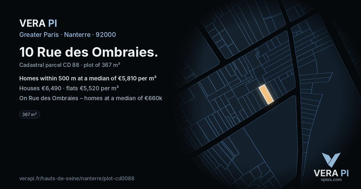 10 Rue des Ombraies, Nanterre at night – the plot lit, the parcels around coloured by the prices near them