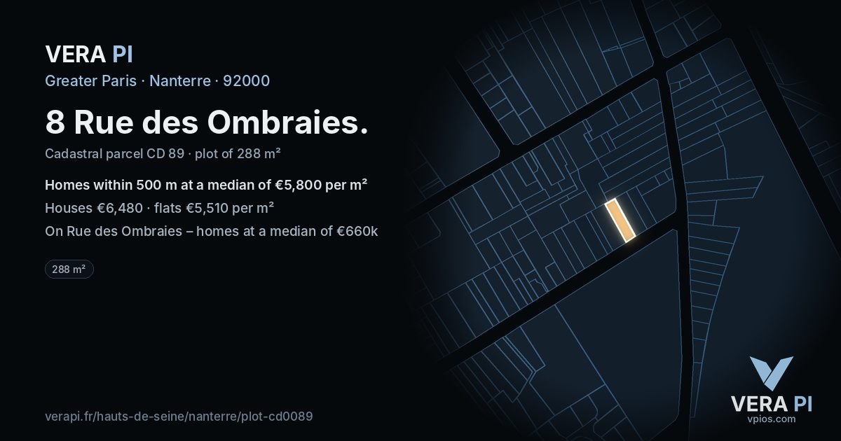 8 Rue des Ombraies, Nanterre at night – the plot lit, the parcels around coloured by the prices near them