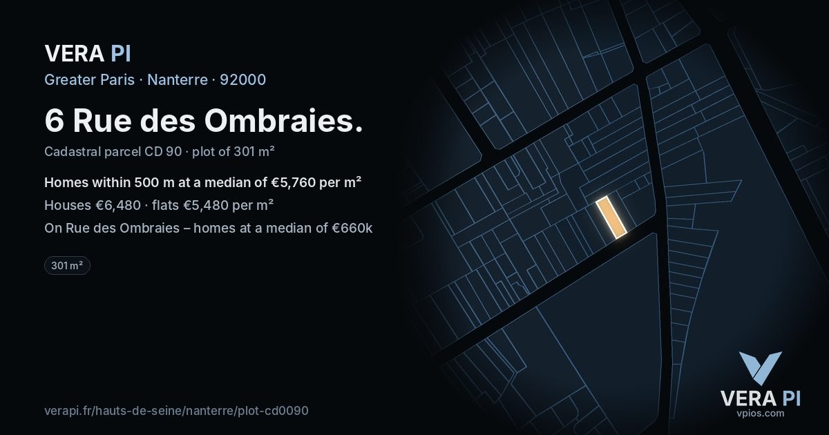 6 Rue des Ombraies, Nanterre at night – the plot lit, the parcels around coloured by the prices near them