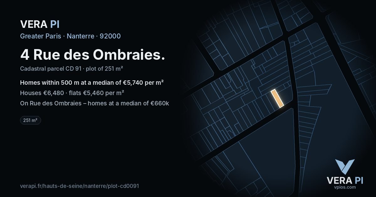 4 Rue des Ombraies, Nanterre at night – the plot lit, the parcels around coloured by the prices near them