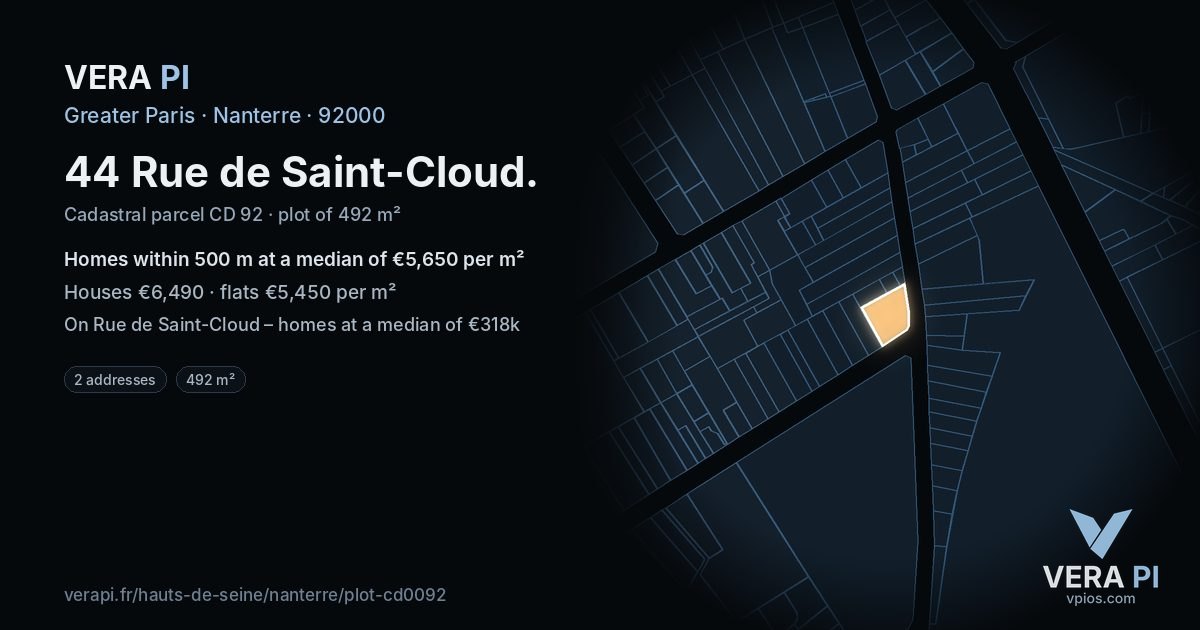 44 Rue de Saint-Cloud, Nanterre at night – the plot lit, the parcels around coloured by the prices near them