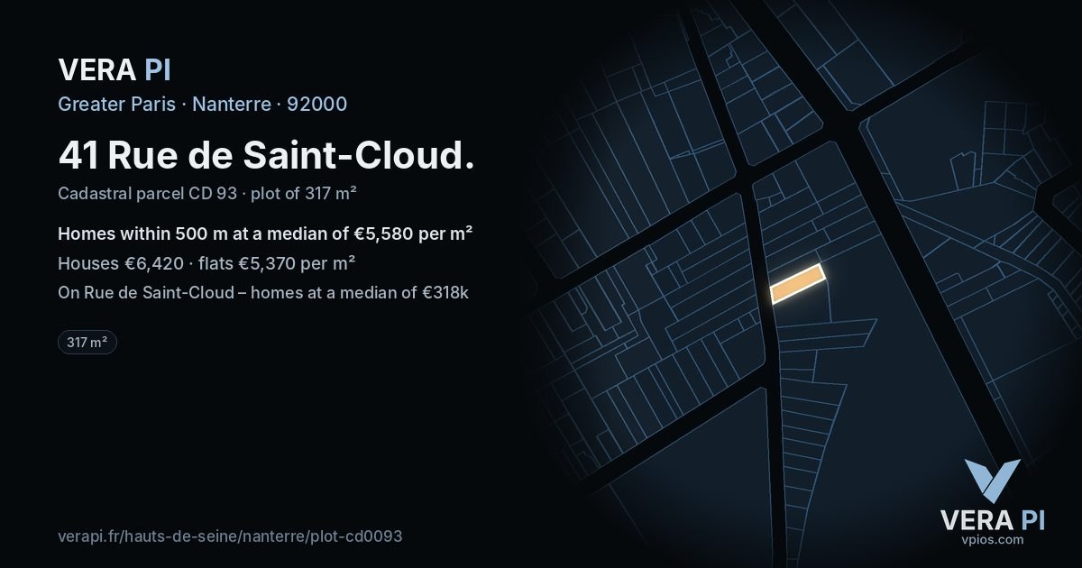 41 Rue de Saint-Cloud, Nanterre at night – the plot lit, the parcels around coloured by the prices near them
