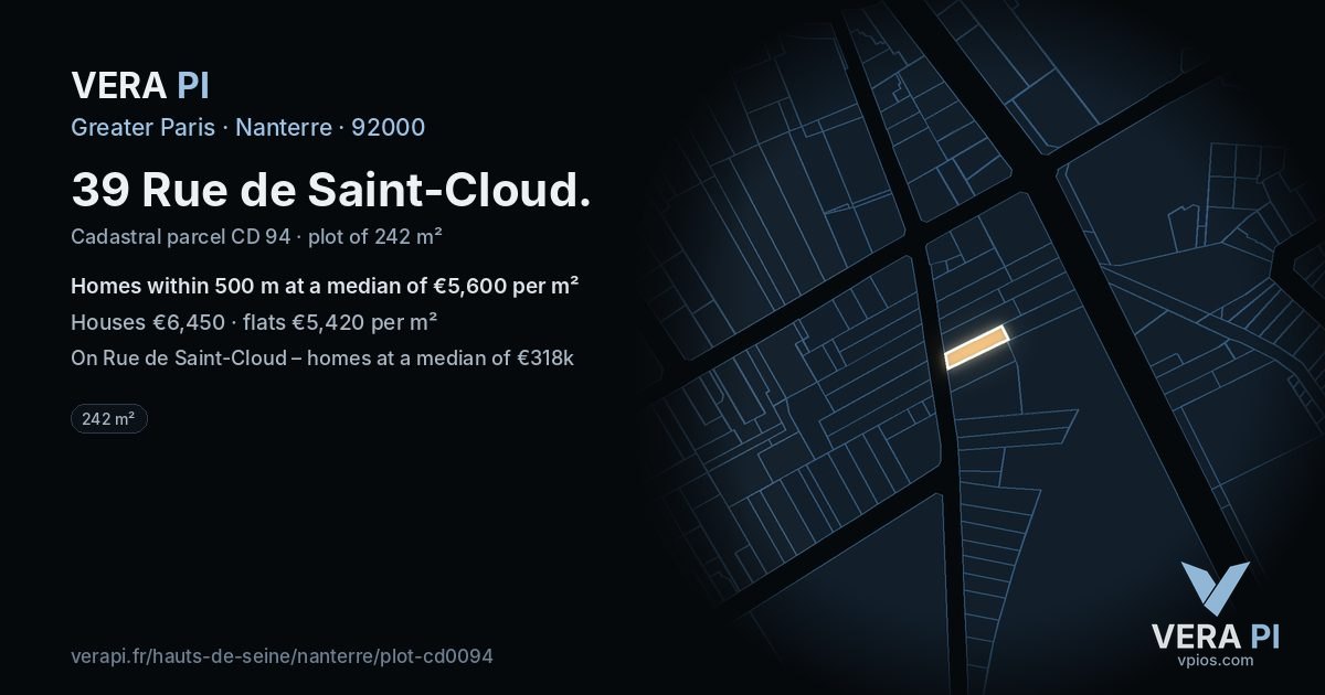 39 Rue de Saint-Cloud, Nanterre at night – the plot lit, the parcels around coloured by the prices near them