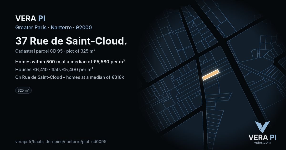 37 Rue de Saint-Cloud, Nanterre at night – the plot lit, the parcels around coloured by the prices near them