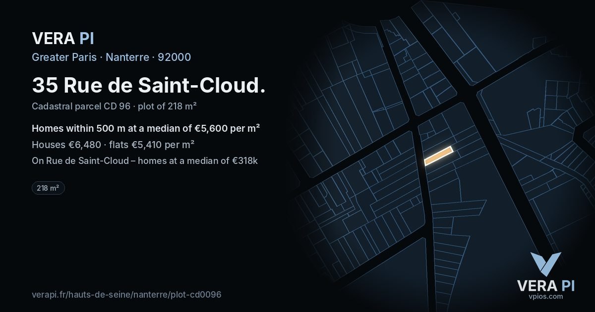 35 Rue de Saint-Cloud, Nanterre at night – the plot lit, the parcels around coloured by the prices near them