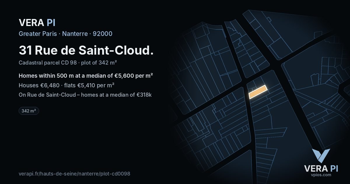 31 Rue de Saint-Cloud, Nanterre at night – the plot lit, the parcels around coloured by the prices near them