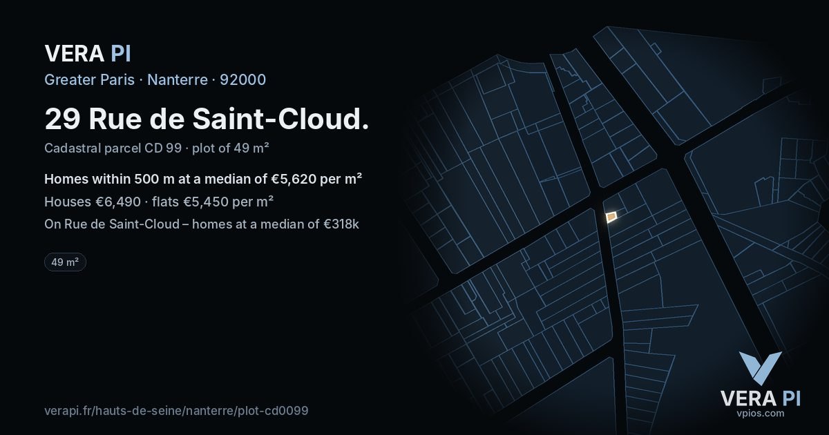 29 Rue de Saint-Cloud, Nanterre at night – the plot lit, the parcels around coloured by the prices near them