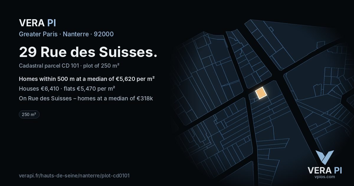 29 Rue des Suisses, Nanterre at night – the plot lit, the parcels around coloured by the prices near them