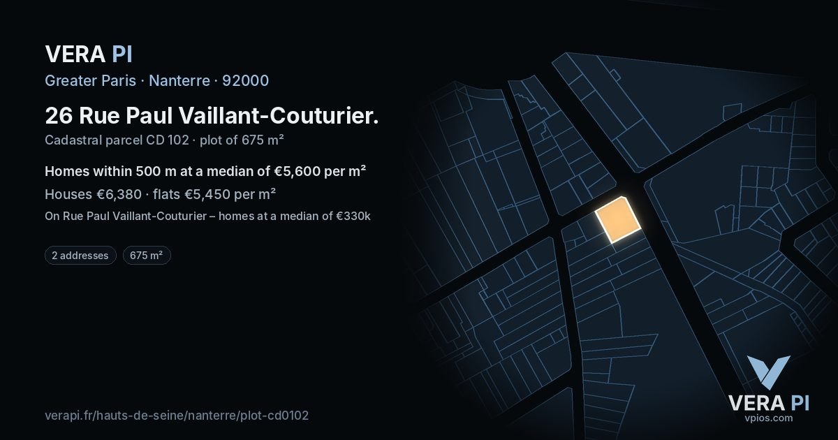 26 Rue Paul Vaillant-Couturier, Nanterre at night – the plot lit, the parcels around coloured by the prices near them