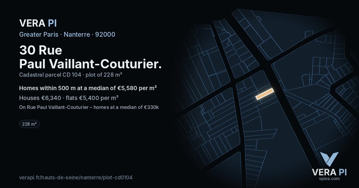 30 Rue Paul Vaillant-Couturier, Nanterre at night – the plot lit, the parcels around coloured by the prices near them