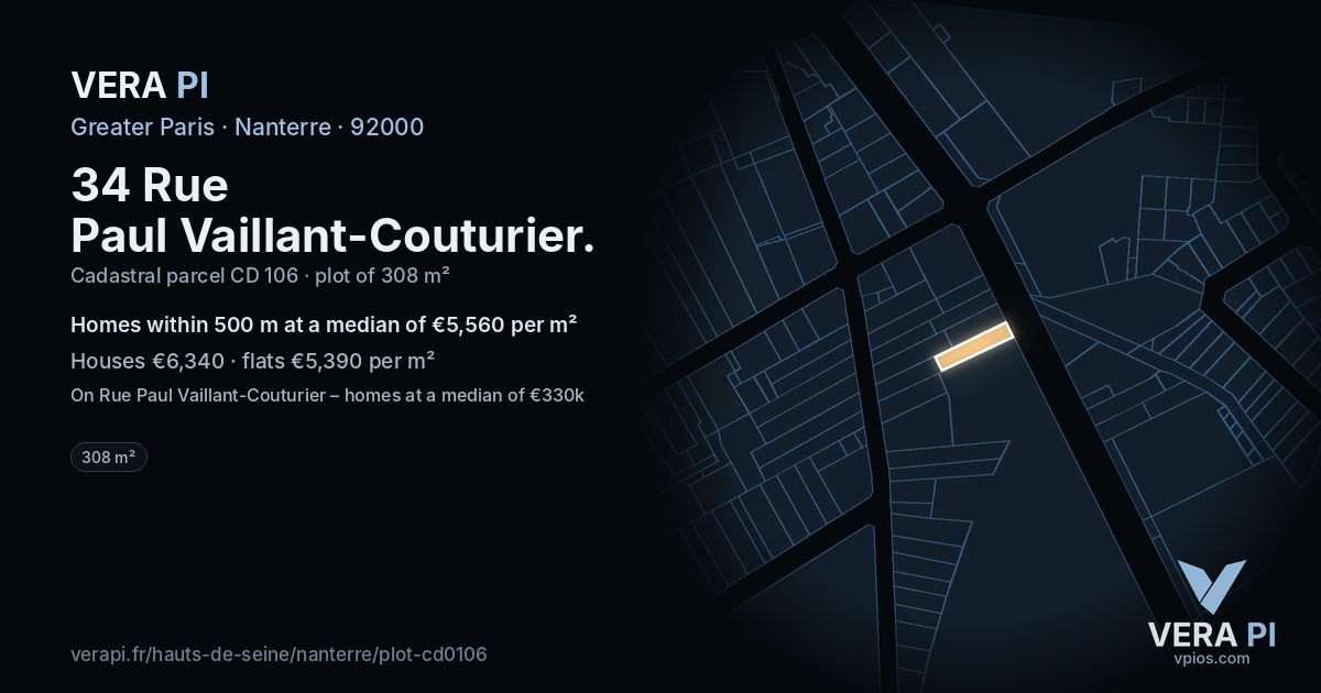 34 Rue Paul Vaillant-Couturier, Nanterre at night – the plot lit, the parcels around coloured by the prices near them