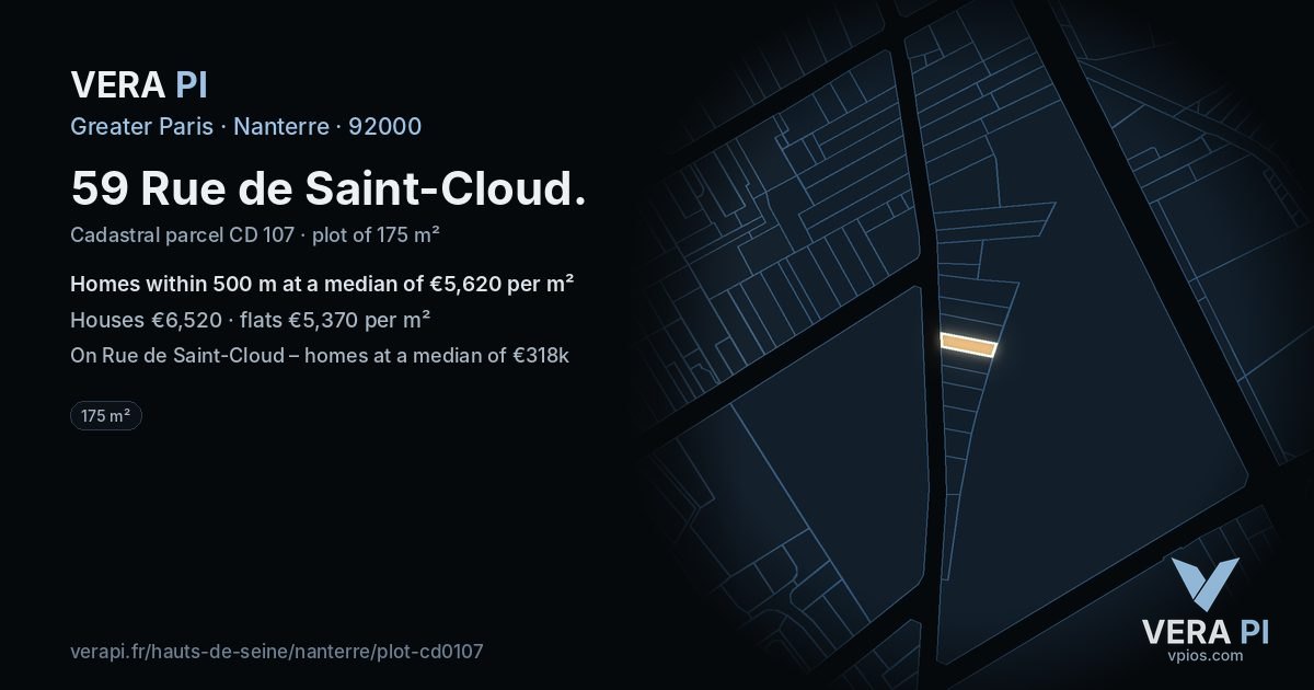 59 Rue de Saint-Cloud, Nanterre at night – the plot lit, the parcels around coloured by the prices near them
