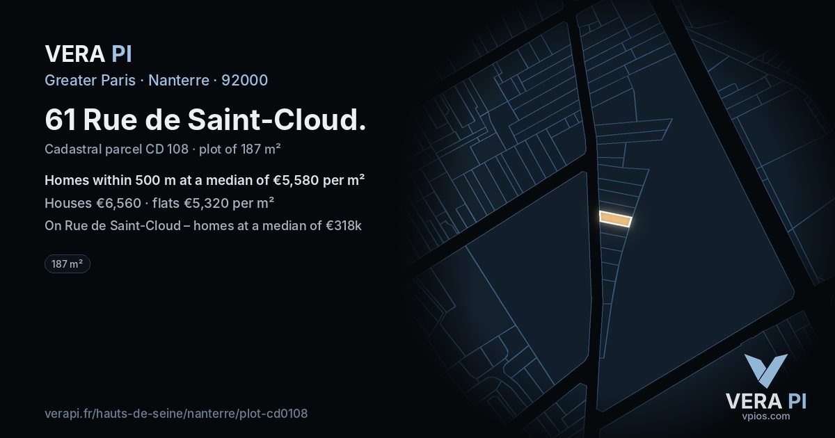 61 Rue de Saint-Cloud, Nanterre at night – the plot lit, the parcels around coloured by the prices near them
