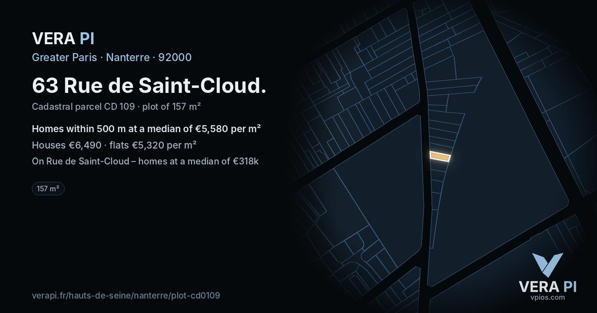 63 Rue de Saint-Cloud, Nanterre at night – the plot lit, the parcels around coloured by the prices near them