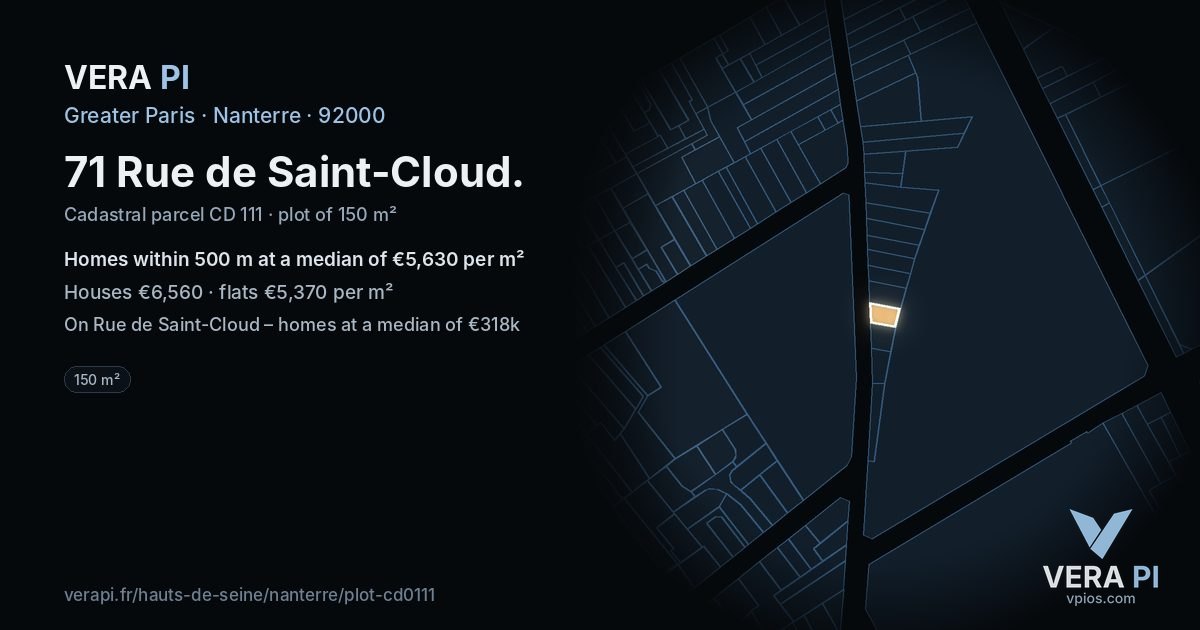 71 Rue de Saint-Cloud, Nanterre at night – the plot lit, the parcels around coloured by the prices near them