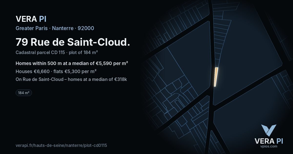 79 Rue de Saint-Cloud, Nanterre at night – the plot lit, the parcels around coloured by the prices near them
