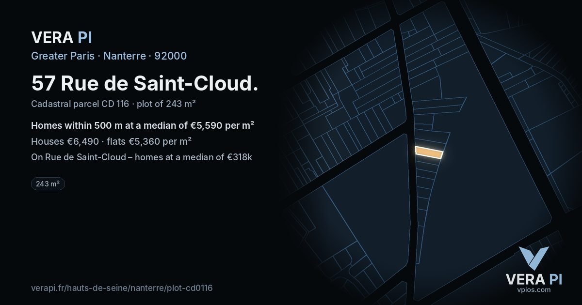 57 Rue de Saint-Cloud, Nanterre at night – the plot lit, the parcels around coloured by the prices near them