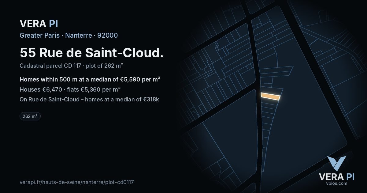 55 Rue de Saint-Cloud, Nanterre at night – the plot lit, the parcels around coloured by the prices near them