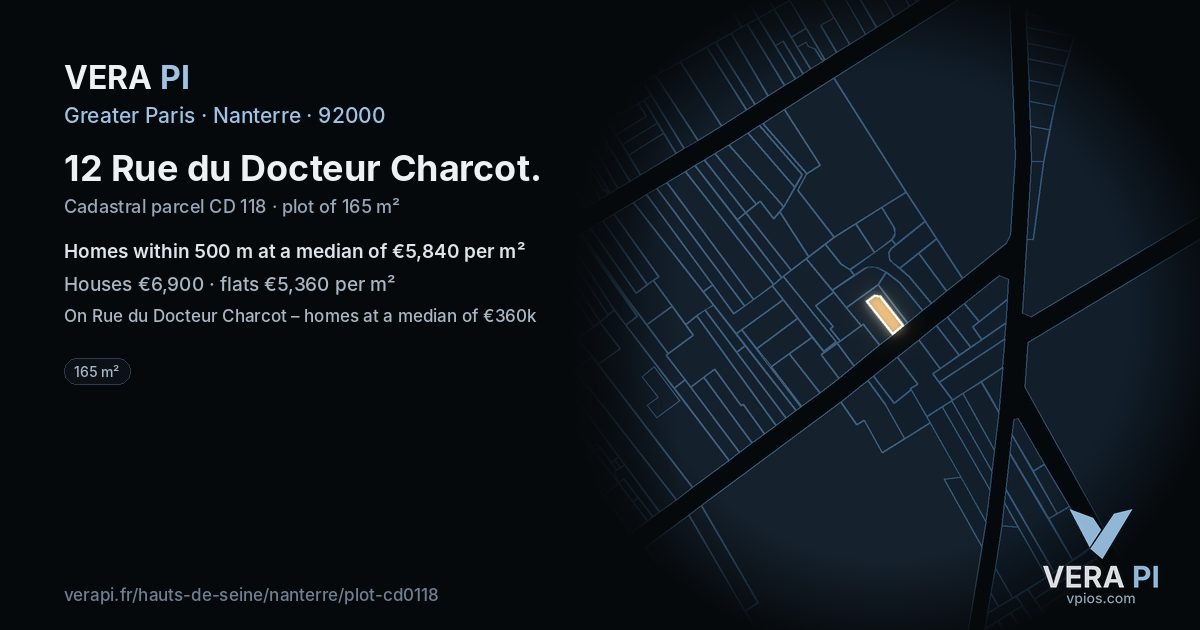 12 Rue du Docteur Charcot, Nanterre at night – the plot lit, the parcels around coloured by the prices near them