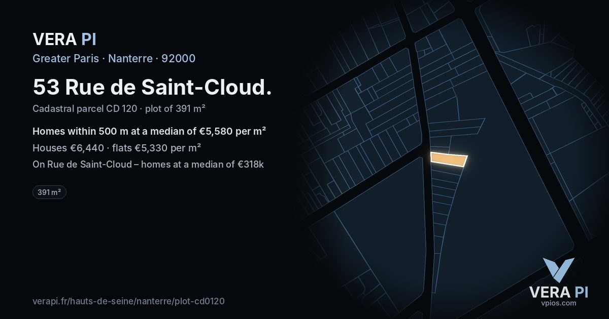 53 Rue de Saint-Cloud, Nanterre at night – the plot lit, the parcels around coloured by the prices near them