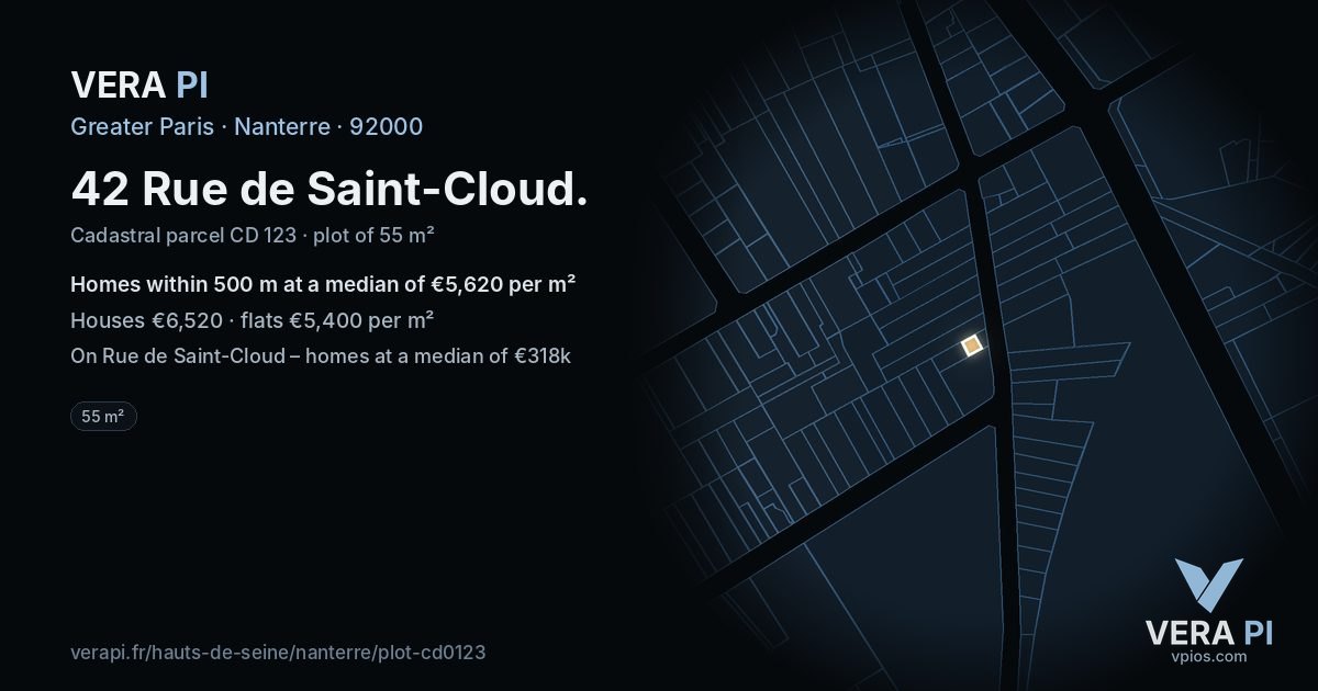 42 Rue de Saint-Cloud, Nanterre at night – the plot lit, the parcels around coloured by the prices near them