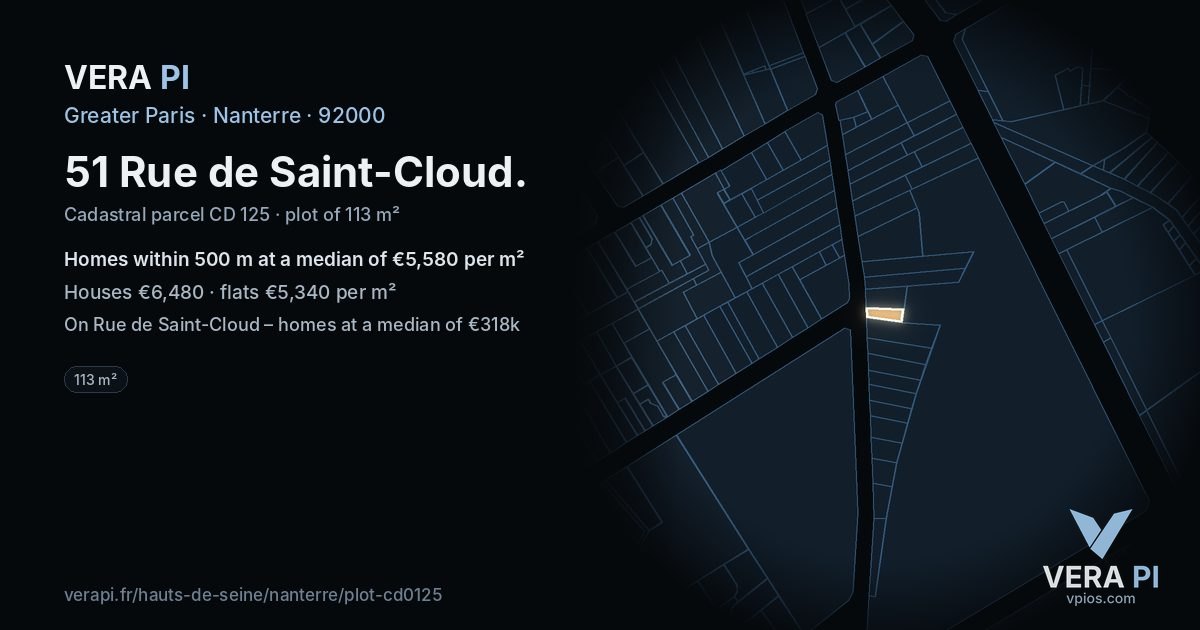51 Rue de Saint-Cloud, Nanterre at night – the plot lit, the parcels around coloured by the prices near them